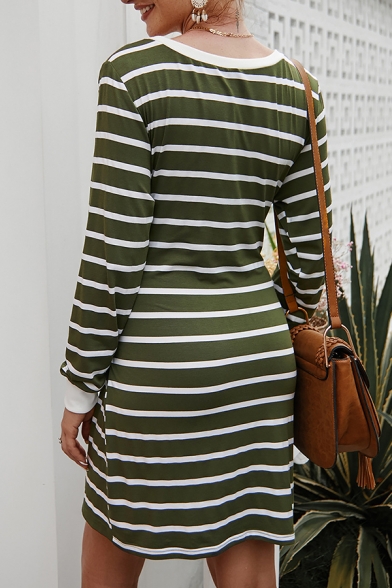 Womens Designer Striped Tie Waist Round Neck Loose Midi Casual T-Shirt Dress