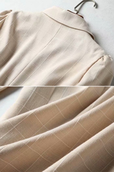 Womens Elegant Plain Apricot Checked Pattern Notch Lapel Puff Sleeve Wrap Tie Side Blazer Dress