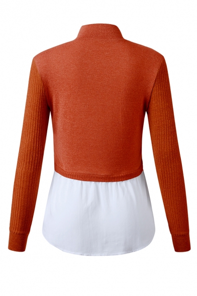 Womens Elegant Two-Tone High Collar Long Sleeve Slim Fit Two Piece Patch Pullover Sweater