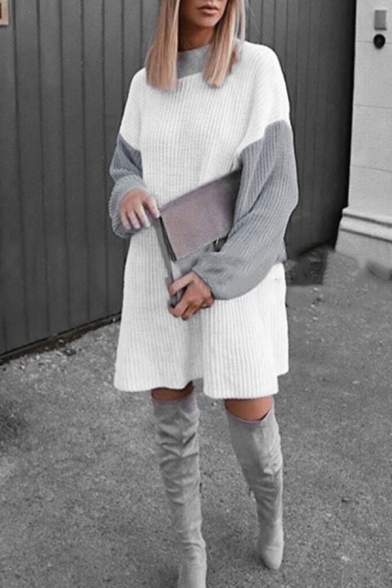 Womens Elegant Two Tone Patchwork Long Sleeve Mock Neck Knitwear Pullover Sweater Dress