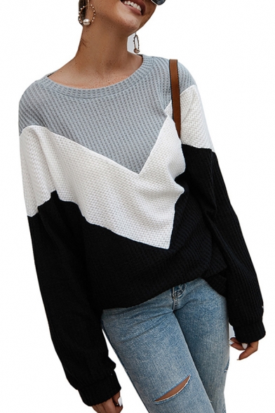 Womens Fashion Color Block Chevron Printed Boat Neck Long Sleeve Loose Pullover Sweater Knitwear