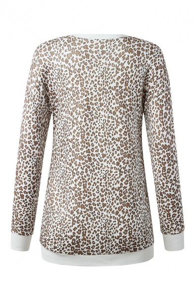 Womens Fashionable Leopard Printed Long Sleeve Oblique Zip Embellished Gray Tunic Sweatshirt Dress