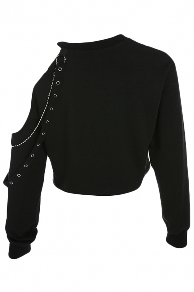 Womens Popular Black Cutout Long Sleeve Ribbon Embellished Loose Fit Crop Pullover Sweatshirt