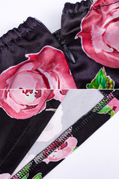 Womens Retro Allover Flowers Pattern Sweetheart Neck Puff Long Sleeve Black Mini Tulip Dress
