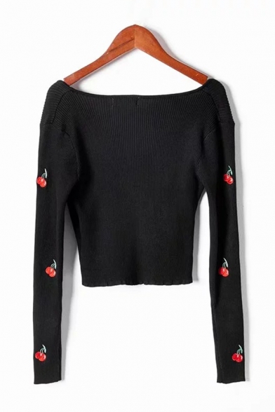Womens Sexy Deep V Neck Long Sleeve Cherry Embroidery Print Black Cropped Knitwear Pullover Sweater