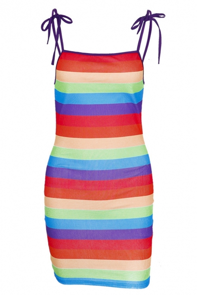 Womens Sexy Rainbow Striped Printed Tie Strap Casual Mini Bodycon Slip Dress