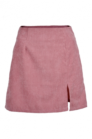 Womens Sexy Solid Color High Waist Side Split Corduroy Mini A-Line Skirt
