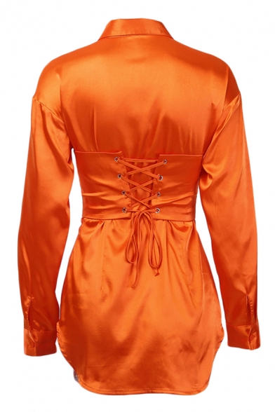 Womens Sexy Solid Color Lapel Gathered Waist Lace Up Back Long Sleeve Satin Shirt Dress
