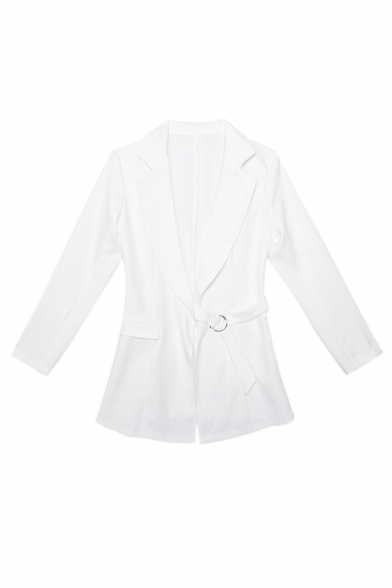 Womens Sexy Solid Color Long Sleeve Tied Waist White Fitted Longline Blazer Coat