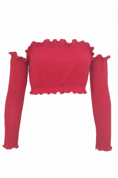 Womens Sexy Stringy Selvedge Detail Off the Shoulder Long Sleeve Cropped Fitted Knit Sweater Top