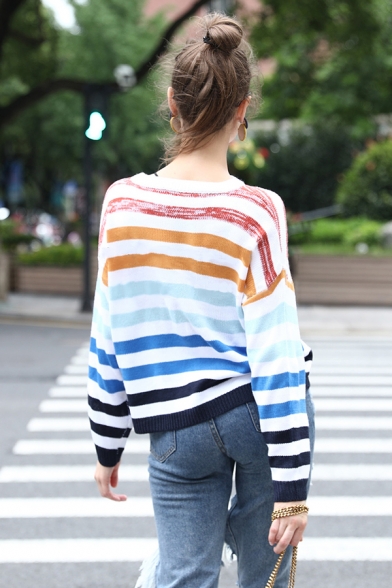 Womens Simple Allover Stripes Printed Long Sleeve Round Neck Loose Fit Leisure Pullover Sweater