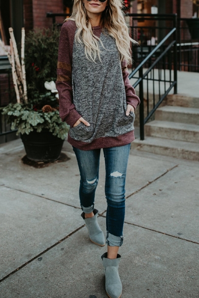 Womens Simple Colorblock Raglan Long Sleeve Casual Dark Grey Pullover Sweatshirt Top