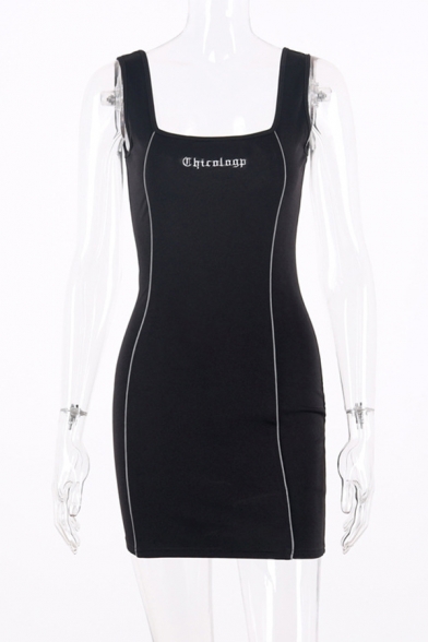 Womens Simple Reflective Striped Embroidered Letter Printed Slim Fit Mini Tank Dress in Black