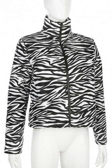 Womens Stylish Black & White Zebra Print High Collar Zip Closure Short Puffer Coat