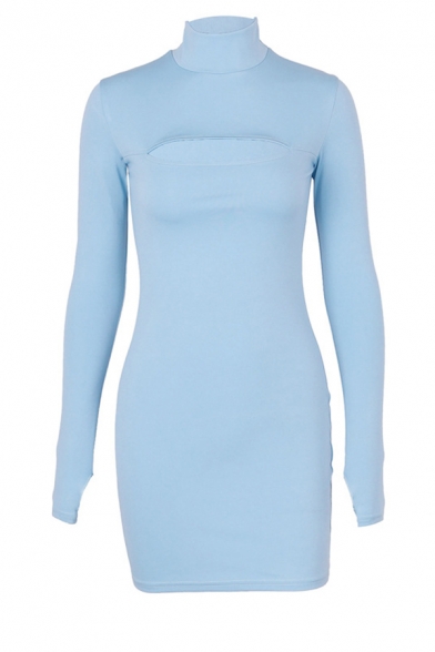 Womens Stylish Plain Gloves Long Sleeve High Collar Cutout Front Mini Tight Dress
