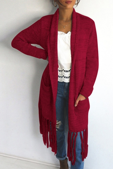 Womens Stylish Plain Long Sleeve Fringe Hem Longline Open Cardigan Knitted Coat with Pocket