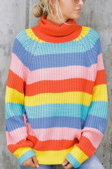 Womens Stylish Rainbow Striped Turtleneck Long Sleeve Loose Fit Chunky Knit Pullover Sweater