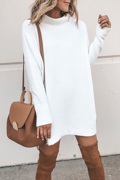 Womens Winter Stylish Solid Color Roll Neck Long Sleeve Longline Loose Midi Daily Dress