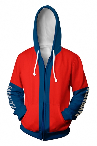 3D Letter LIFEGUARD Graphic Printed Long Sleeve Zip Placket Red and Blue Cosplay Hoodie