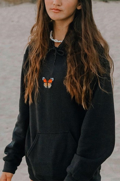 Black Butterfly Embroidery Printed Long Sleeve Oversized Drawstring Hoodie