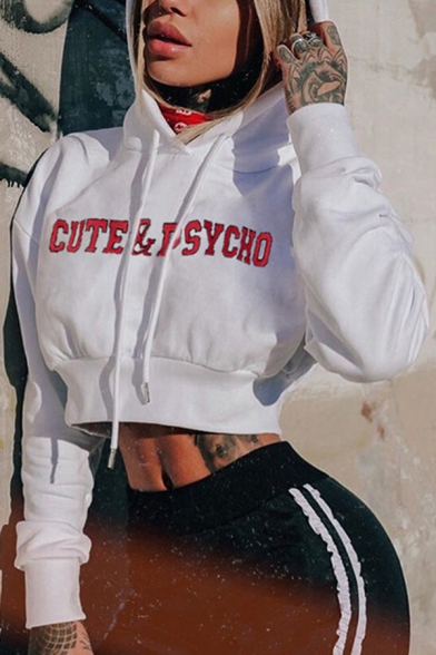 Fancy CUTE & PSYCHO Letter Embroidery Long Sleeve White Drawstring Crop Hoodie
