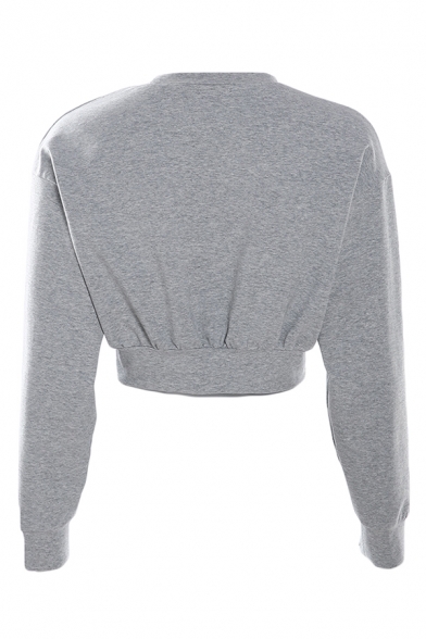 Fancy Letter ROCK MORE Printed Round Neck Long Sleeve Gray Cropped Sweatshirt