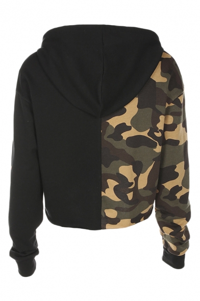 Fashion Camo Panel Long Sleeve Casual Loose Fit Cropped Drawstring Hoodie