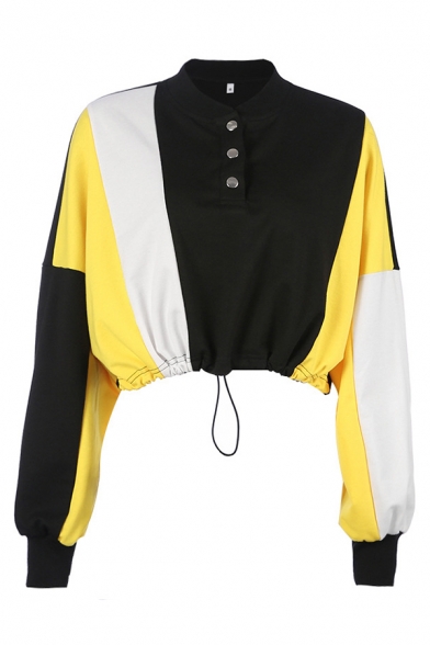 Fashionable Snap Button Front Colorblock Batwing Long Sleeve Drawstring Hem Cropped Sweatshirt