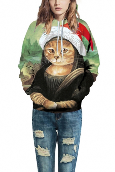 Funny Christmas Series Cat Snowman Food Digital Printed Long Sleeve Drawstring Hoodie