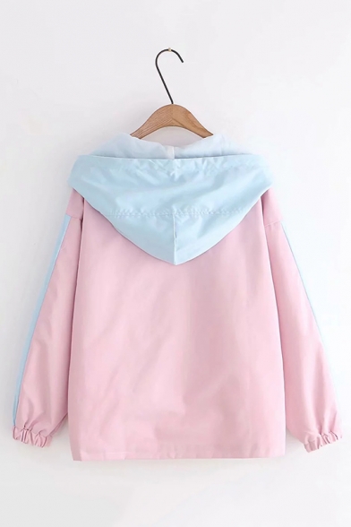 Funny Letter LOVE YOU Candy Star Printed Pink & Blue Colorblock Long Sleeve Zip Up Loose Fit Hooded Jacket Outdoor Windbreaker
