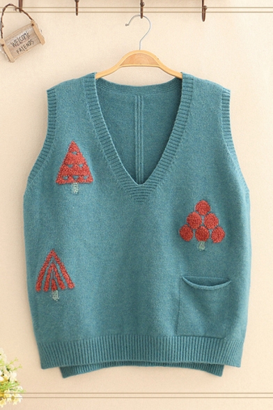 Girls Lovely Cartoon Tree Embroidery Printed Sleeveless V-Neck High Low Knitted Pullover Vest with Pocket