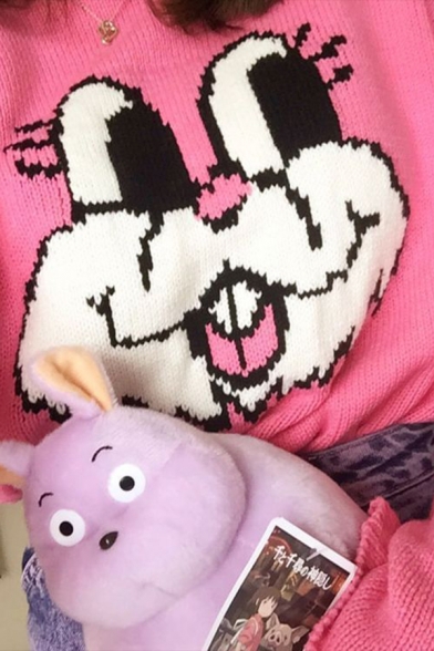 Girls Pink Cute Cartoon Rabbit Printed Long Sleeve Side Split Loose Fit Pullover Sweater