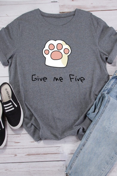 GIVE ME FIVE Lovely Cat Claw Printed Short Sleeve Cute Oversized Tee Top for Girls