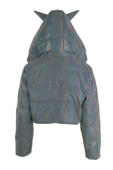 Hot Popular Laser Rainbow Long Sleeve Zip Up Demon Horn Hooded Crop Puffer Jacket Coat