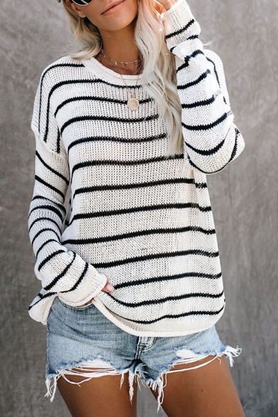 Two Tone Striped Long Sleeve Chunky Knit Loose Pullover Sweater