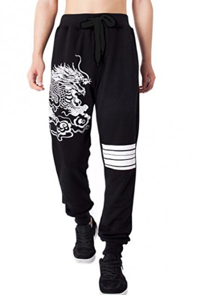 Men's Cool Fashion Dragon Stripe Printed Drawstring Waist Relaxed Jogging Sweatpants