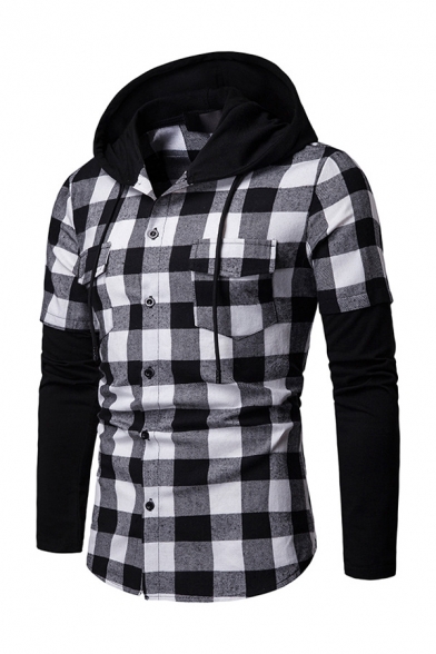 Mens Casual Fake Two Piece Plaid Shirt Single Breasted Long Sleeve Fitted Drawstring Hoodie