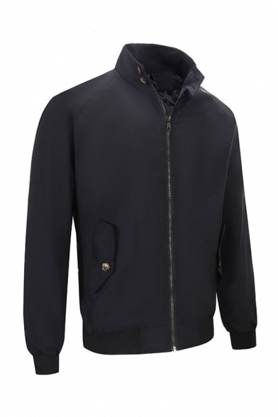 Mens Classic Solid Color High Collar Long Sleeve Flap Pocket Zip Up Harrington Jacket
