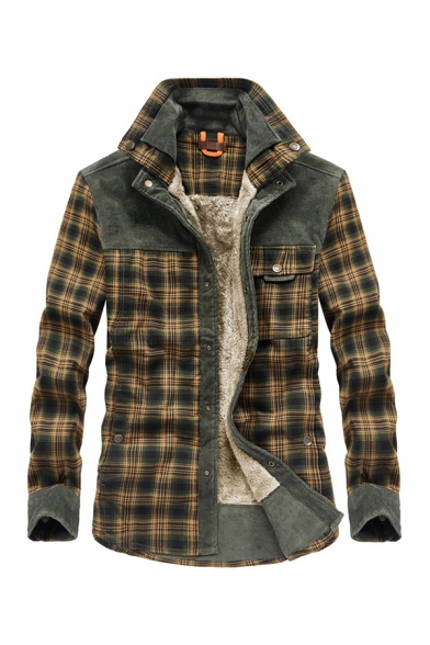 Mens Fashion Plaid Panel Stand Collar Long Sleeve Snap Button Front Sherpa Lined Thick Shirt Jacket Coat