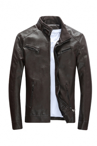 Mens Fashion Plain Stand Collar Long Sleeve Zipper Embellished Slim Fit Lightweight PU Leather Jacket Coat