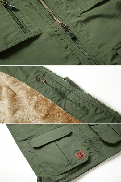 Mens Fashion Solid Army Green Stand Up Collar Zip Placket Flap Pocket Thick Casual Outdoor Vest