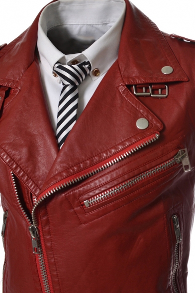 Mens Fashionable Plain Studded Notched Lapel Sleeveless Oblique Zip Slim Fit PU Leather Belted Vest