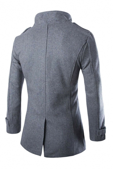 Mens Popular Lapel Collar Long Sleeve Double Breasted Slit Back Longline Plain Peacoat with Pocket