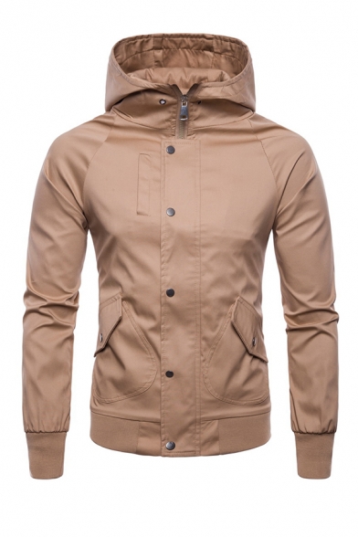 Mens Simple Plain Long Sleeve Concealed Zip Placket Casual Hooded Jacket Coat with Flap Pocket