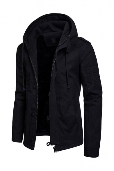 Mens Stylish Long Sleeve Drawstring Hood Plain Zip Placket Casual Jacket Coat with Epaulets