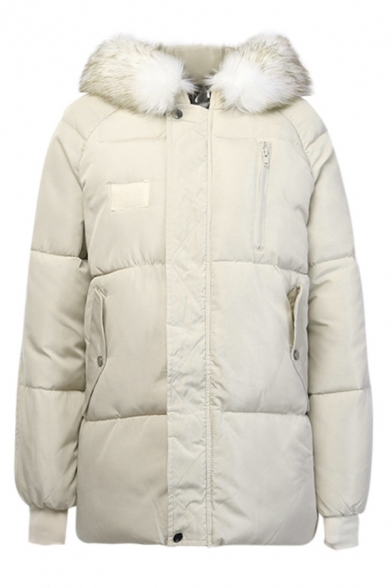Plain White Fur-Trimmed Hood Long Sleeve Zip Up Puffer Parka Coat with Pocket