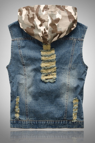Simple Camo Paneled Hood Sleeveless Zip Up Ripped Slim Fitted Denim Jean Vest with Pocket