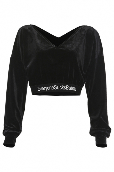 Street Style Black V-Neck EVERYONE SUCKS BUT ME Letter Tape Long Sleeve Stylish Pullover Sweatshirt