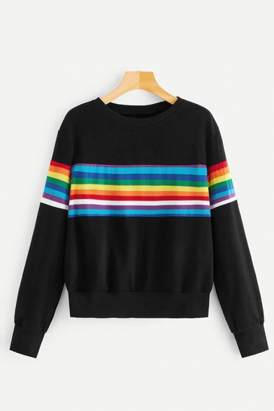 Stylish Rainbow Striped Printed Long Sleeve Round Neck Regular Fit Pullover Sweatshirt