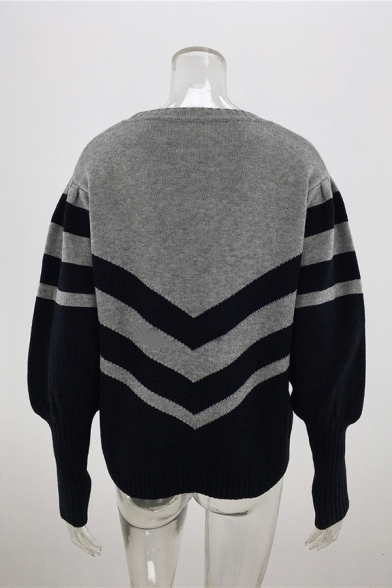 Two Tone Chevron Pattern Bishop Long Sleeve Crew Neck Loose Casual Knitted Sweater